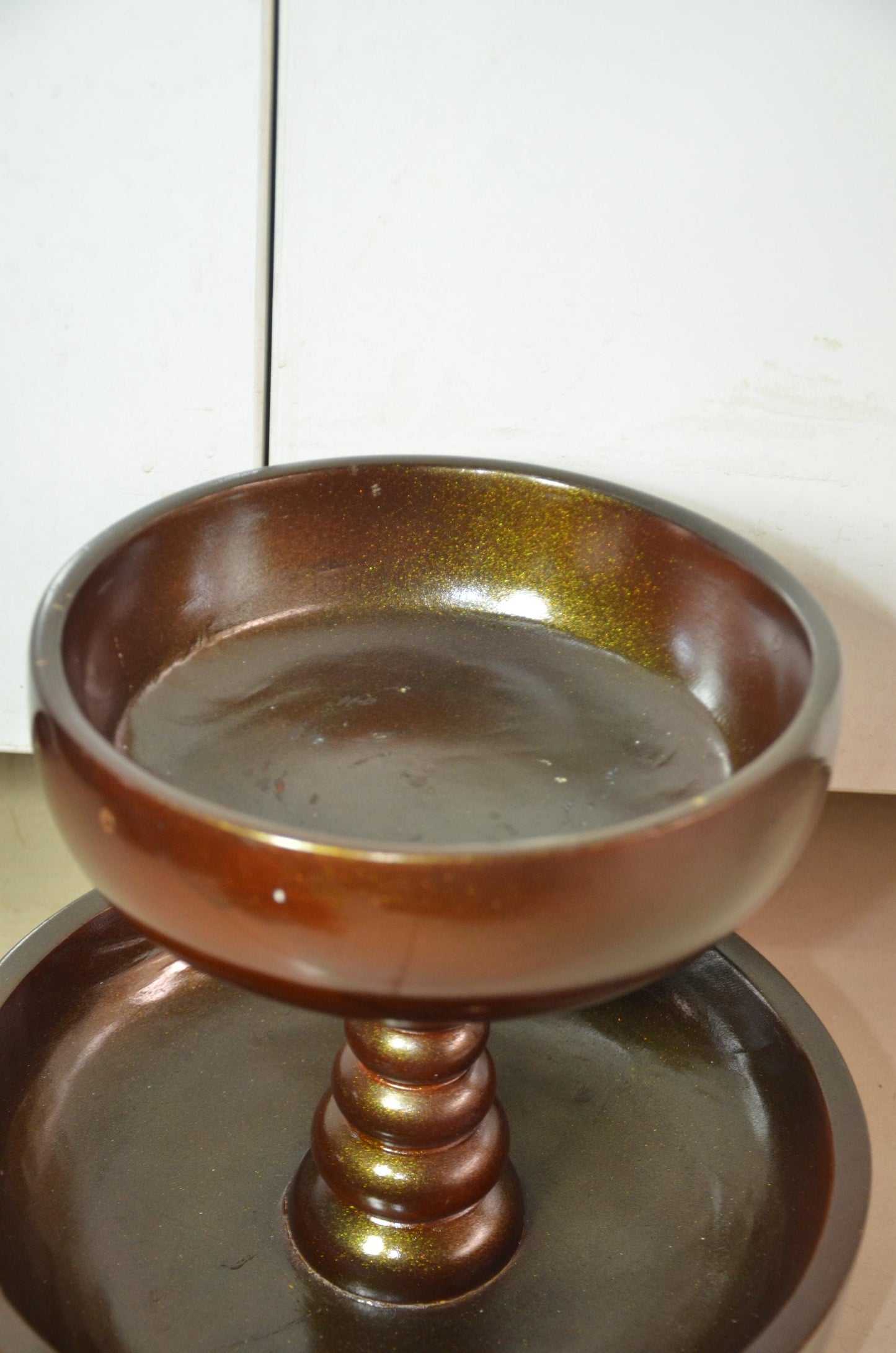 2 Tier Wooden Serving Tray | Metallic Bronze Pedestal Bowl Stand