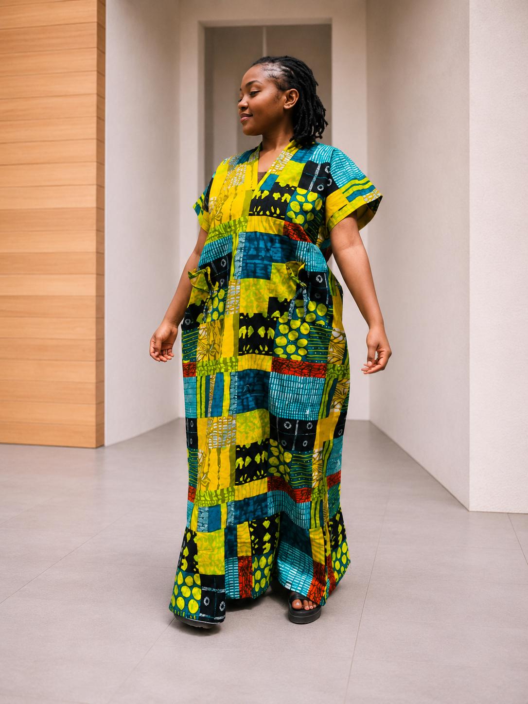 Deela Ankara Patchwork Bubu Dress | Free Size African Print Caftan, Maxi Dress