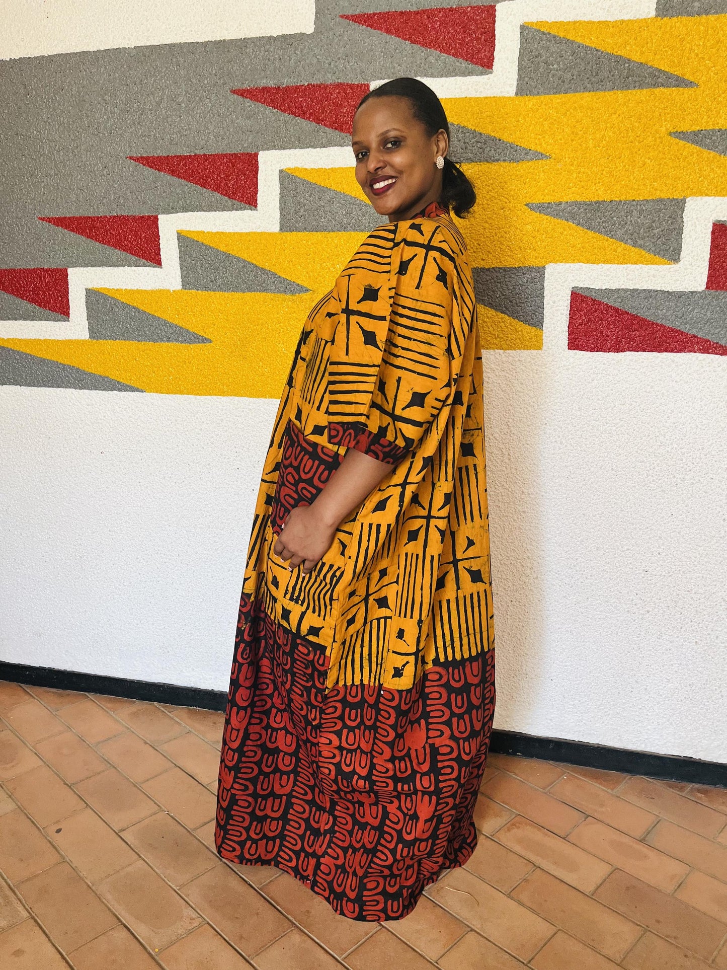 Split Graphic Ankara Boubou Gown | Half-and-Half Tribal Kaftan, Mustard and Burgundy Maxi