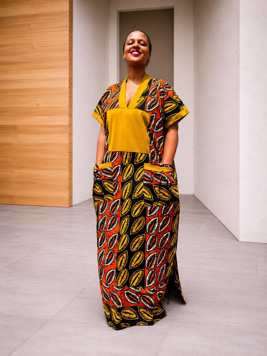Color-Blocked Mustard Leaf Kaftan | Paneled Botanical Maxi, Trimmed Bubu
