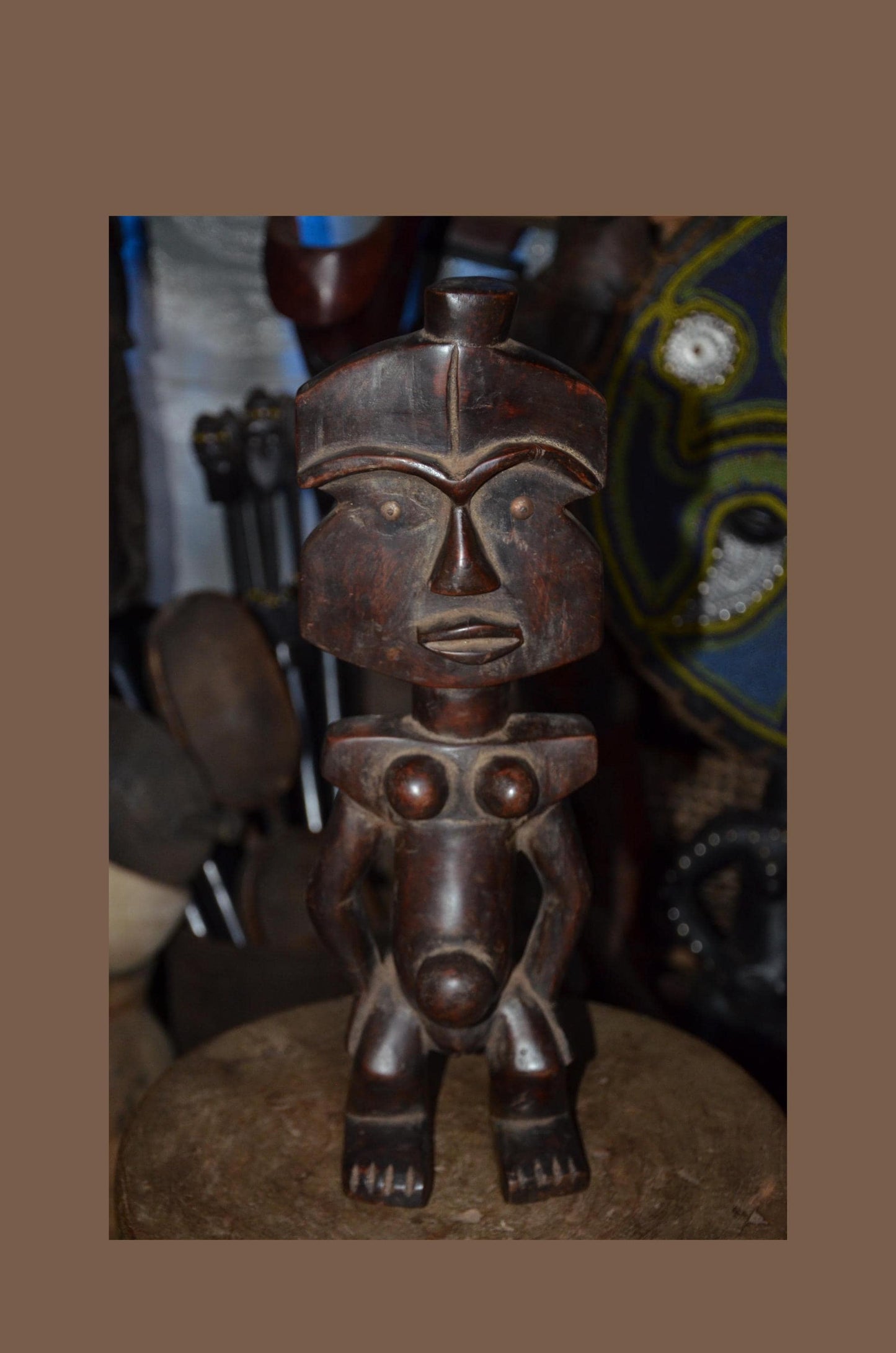 Fang Reliquary Guardian Figure - 17" Authentic Gabon Eyema Byeri Wood Statue, Cubist Geometry Ancestor Carving.