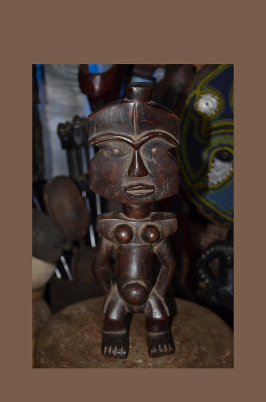 Fang Reliquary Guardian Figure - 17" Authentic Gabon Eyema Byeri Wood Statue, Cubist Geometry Ancestor Carving.