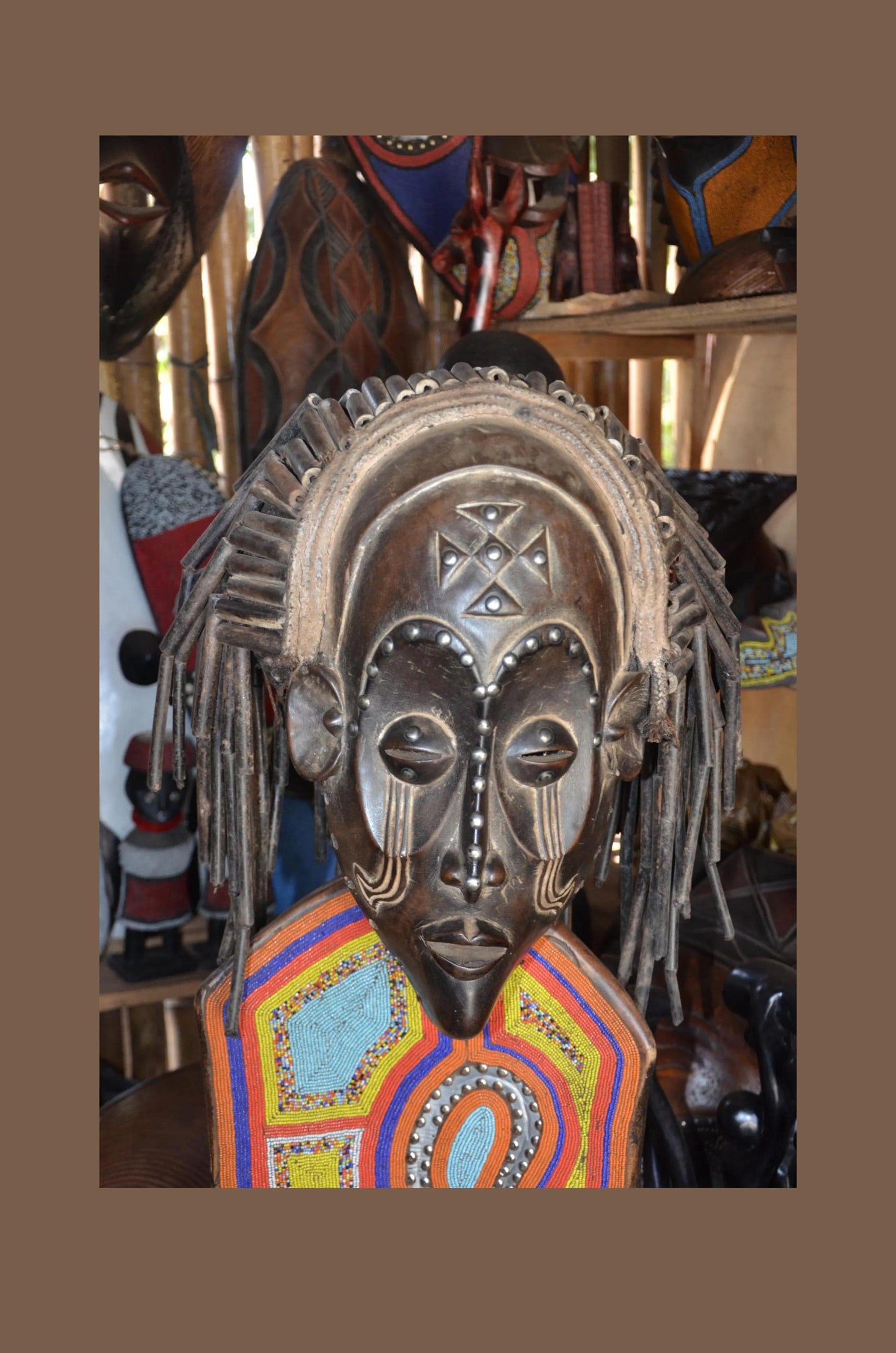 Authentic African Chokwe Mwana Pwo Mask - 19" Beaded Stand Display, Metallic Stud Details, Elegant Angola Tribal Wood Carving.