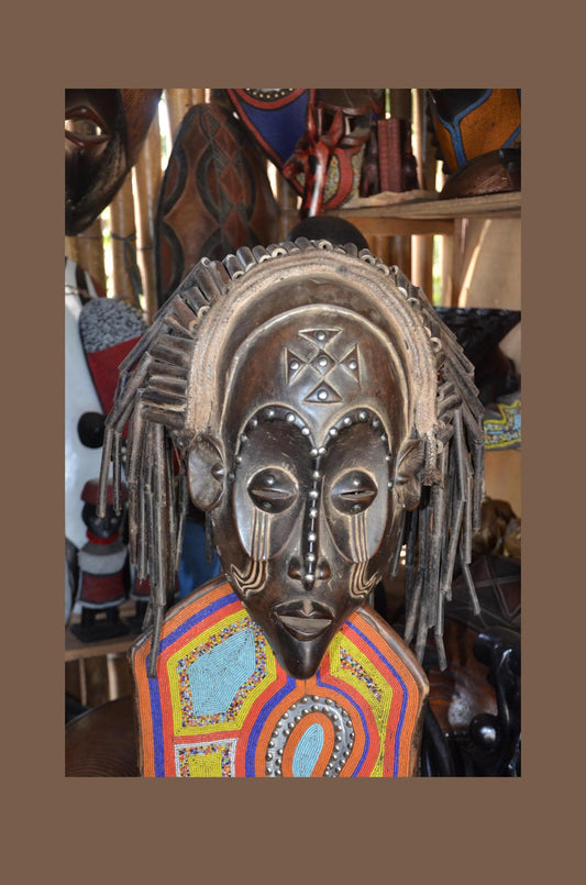 Authentic African Chokwe Mwana Pwo Mask - 19" Beaded Stand Display, Metallic Stud Details, Elegant Angola Tribal Wood Carving.
