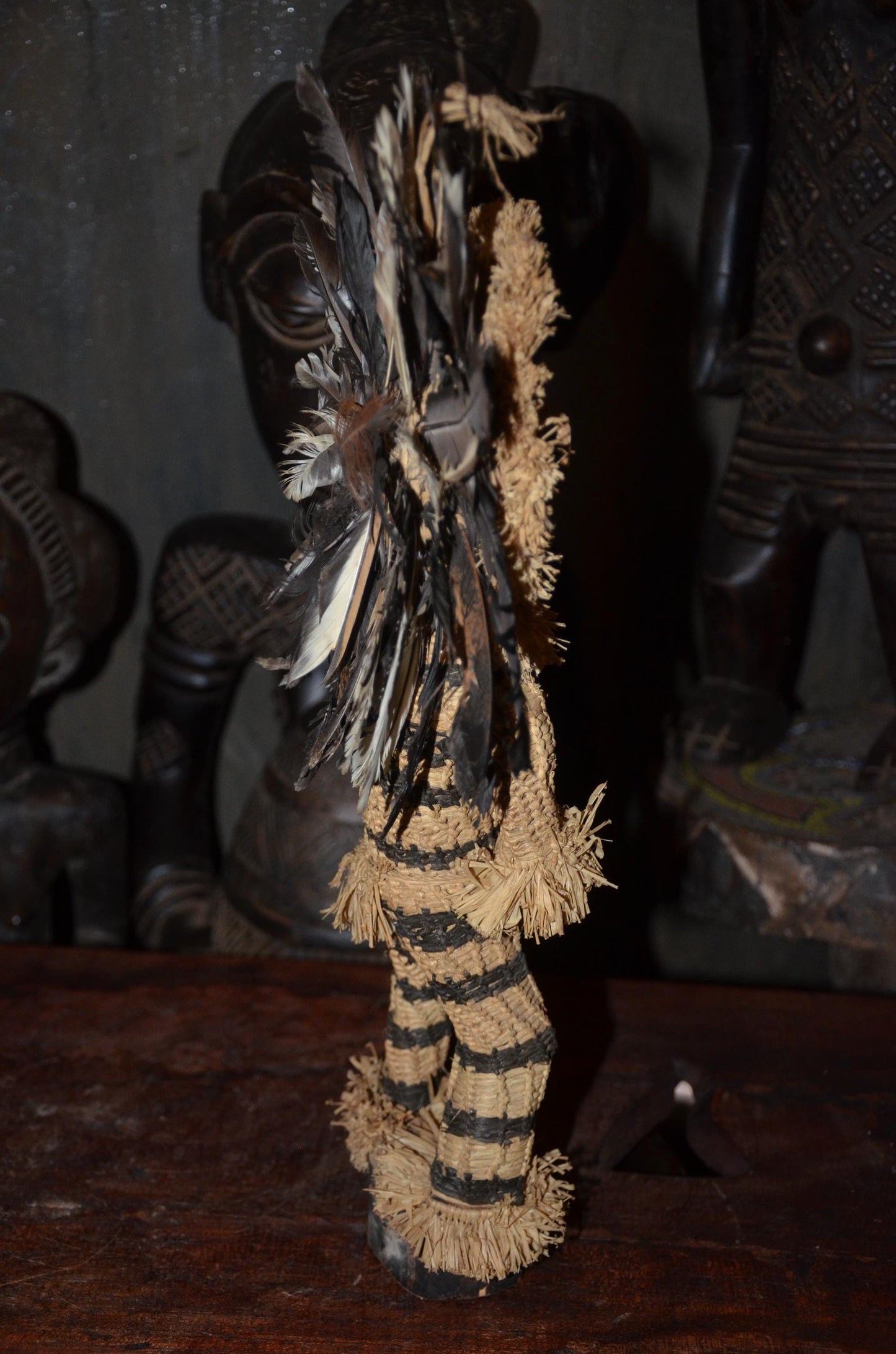 Pende Minganji Masquerade Dancer Doll - 17" Authentic Congo Woven Fiber Figure, Traditional Raffia & Feather Folk Art.