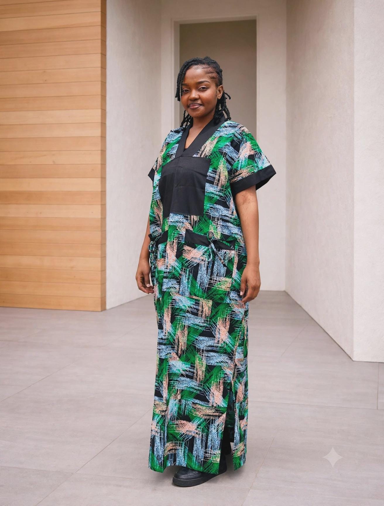 Color-Blocked Kampala Maxi Gown | Paneled Brushstroke Silk Kaftan, Mixed-Media Adire