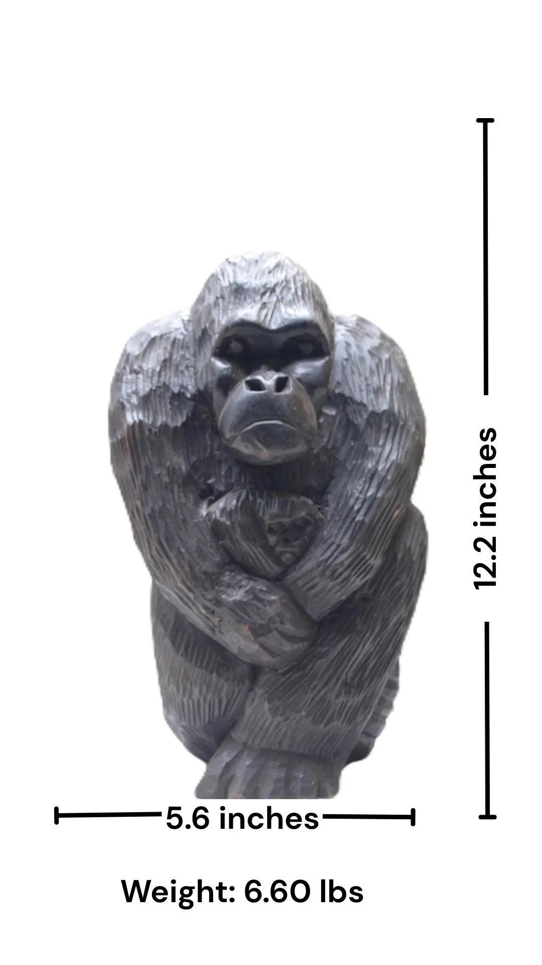 Hand Carved Wooden Gorilla Statue with Baby, Primate Mother and Child Sculpture
