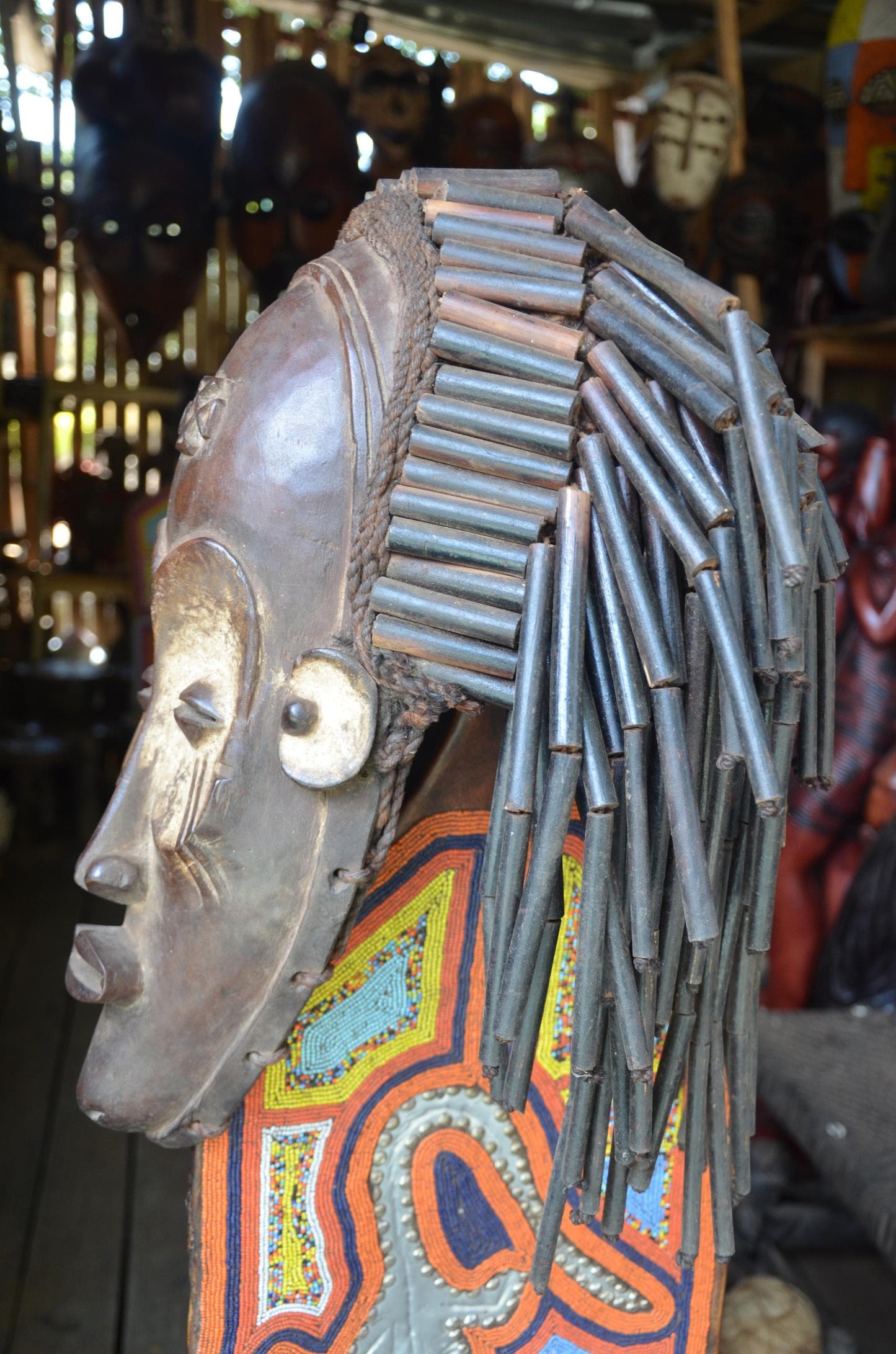 Authentic African Chokwe Mwana Pwo Mask - 21" Large Beaded Stand Display, Angola Tribal Face Mask, Elegant Wood Carving.