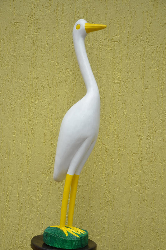 White Crane Garden Statue – 32" Hand-Carved Wood Egret Heron Outdoor Decor.