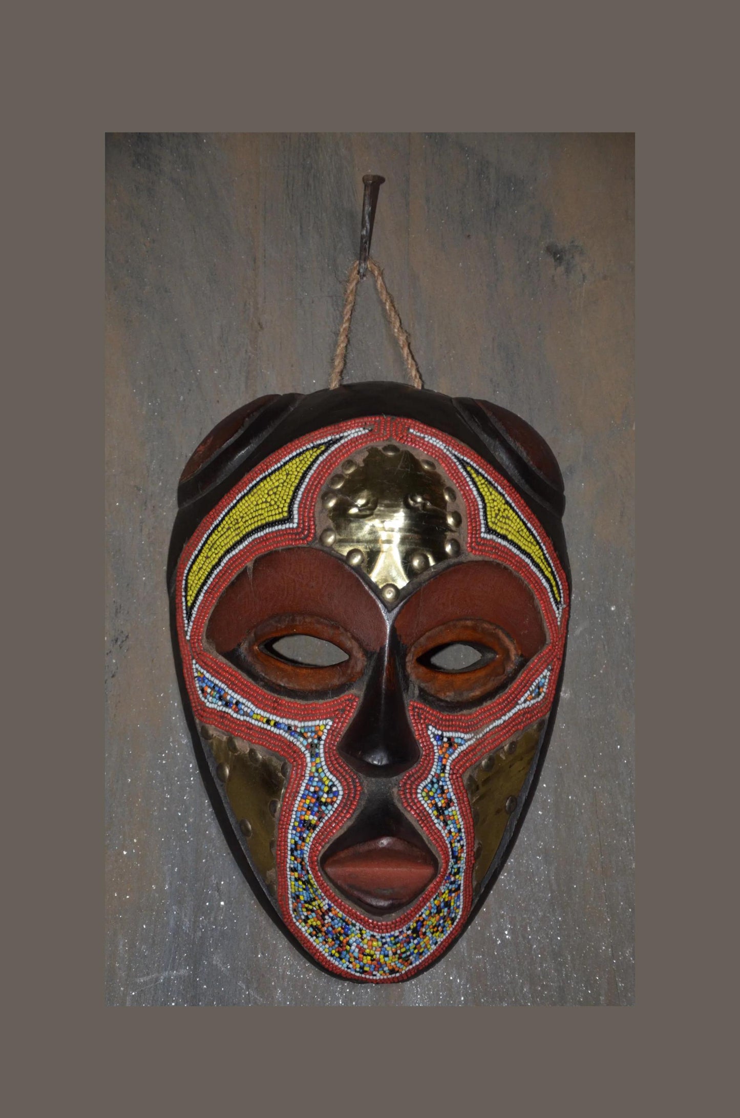 Marka Beaded Mask – 13" Hand-Carved Wood & Brass Mask – Mali Tribal Decor.