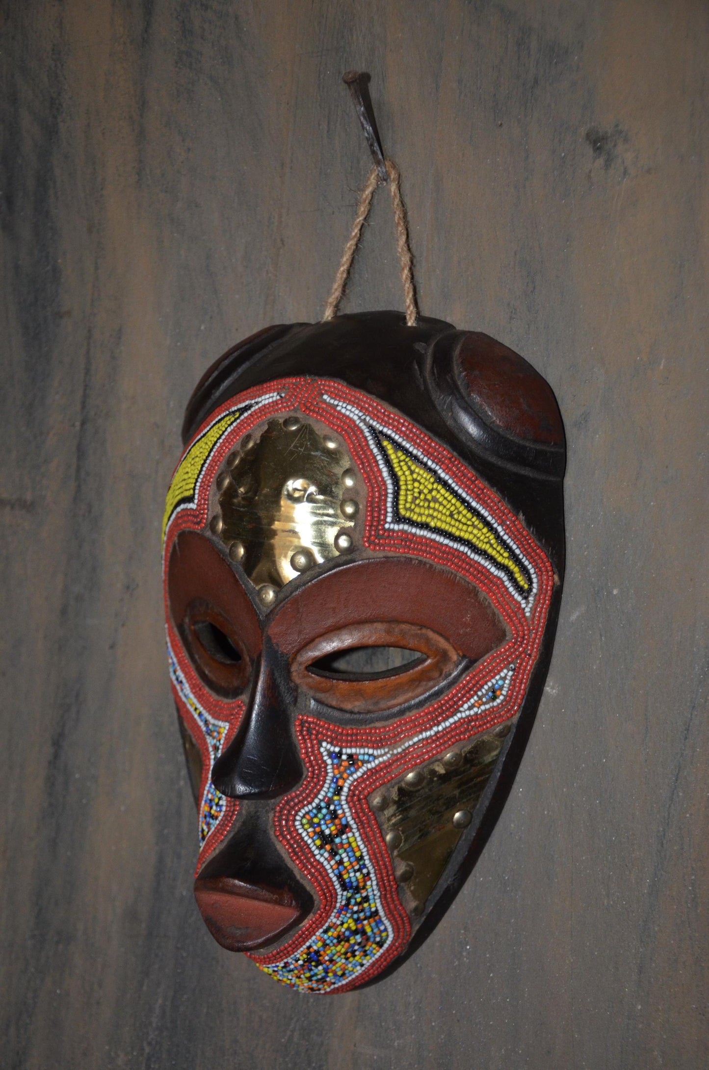 Marka Beaded Mask – 13" Hand-Carved Wood & Brass Mask – Mali Tribal Decor.