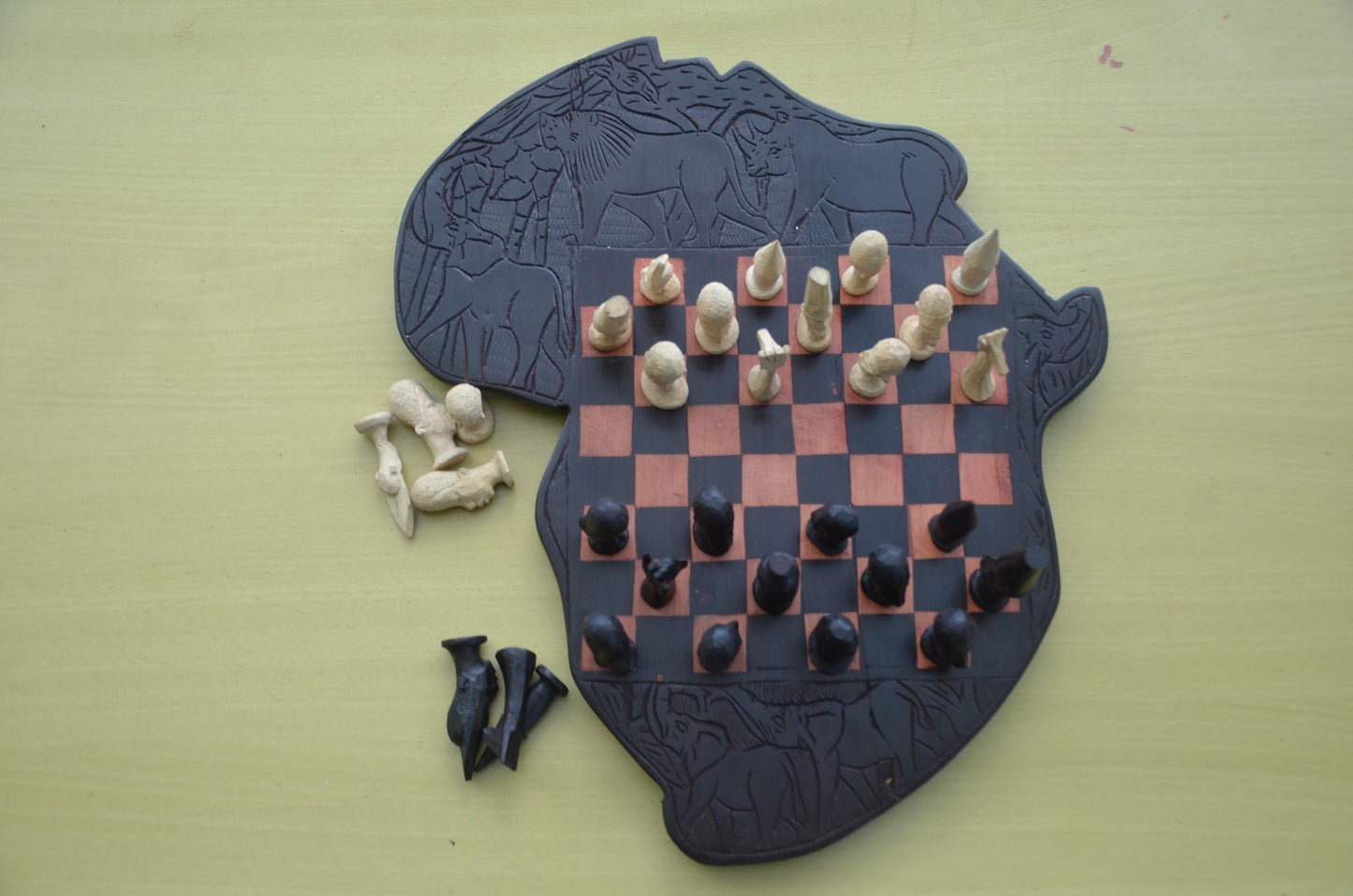 Makonde Animal-Themed Hand-Carved Wooden Chess Set | Tanzanian & Kenyan Artisan Game Board