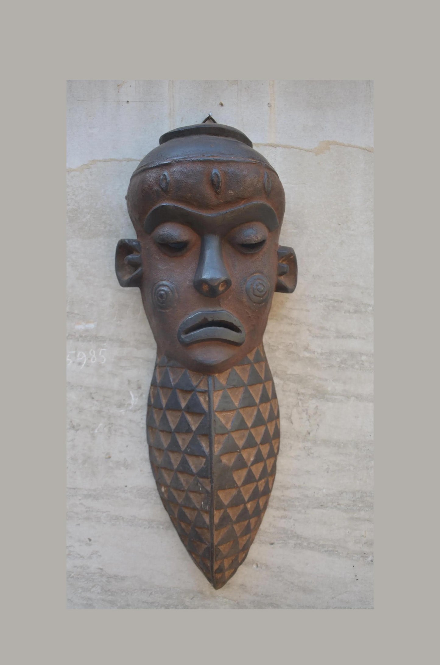 Large Chokwe Style Face Mask - 23" Elongated African Wood Carving, Geometric Tribal Wall Sculpture, High-End Primitive Art Statement Piece.