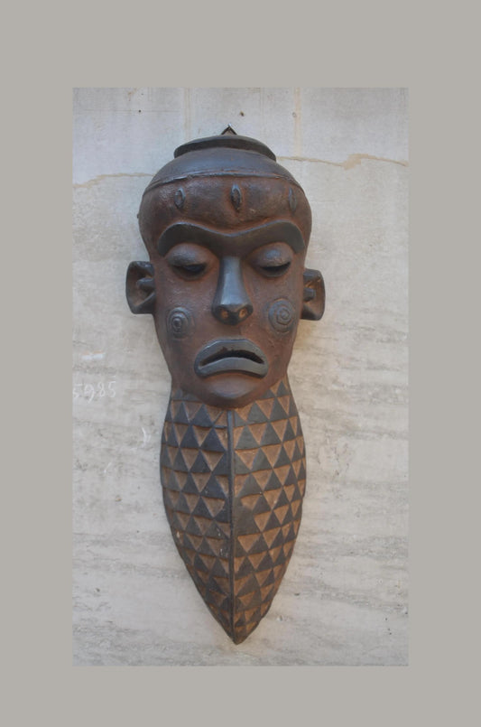 Large Chokwe Style Face Mask - 23" Elongated African Wood Carving, Geometric Tribal Wall Sculpture, High-End Primitive Art Statement Piece.