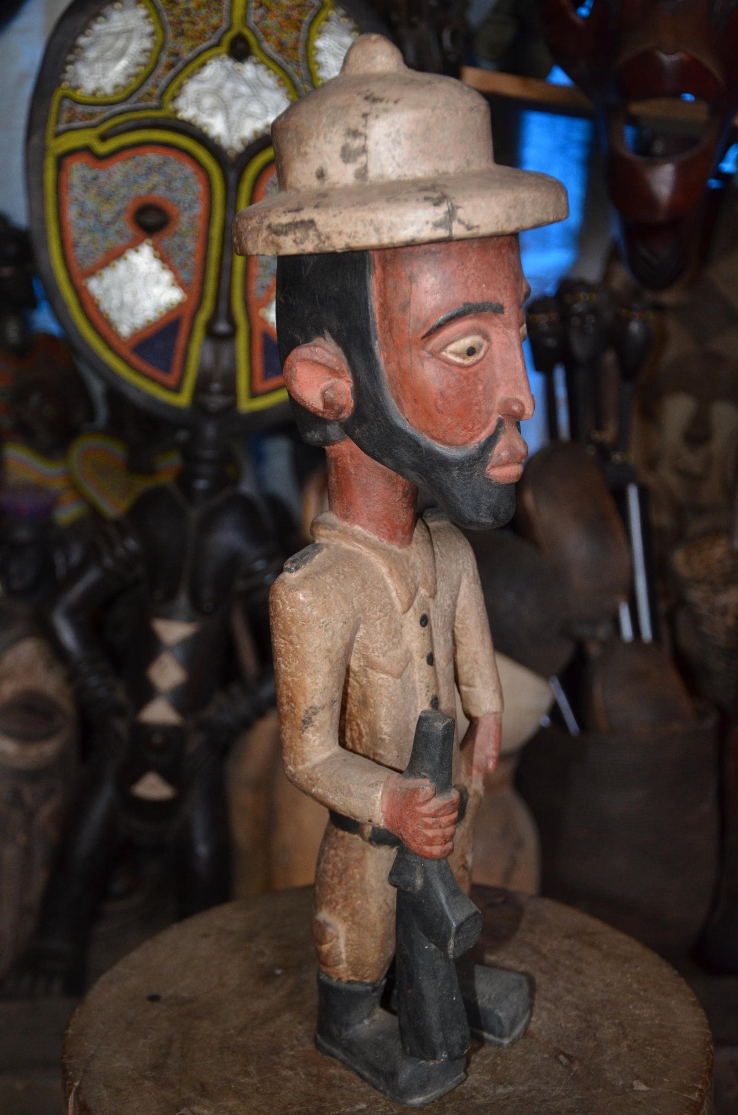 Large African Colon Statue - 28" Hand-Carved Wooden Colonial Soldier Figurine, Armed Guard / Hunter with Rifle.
