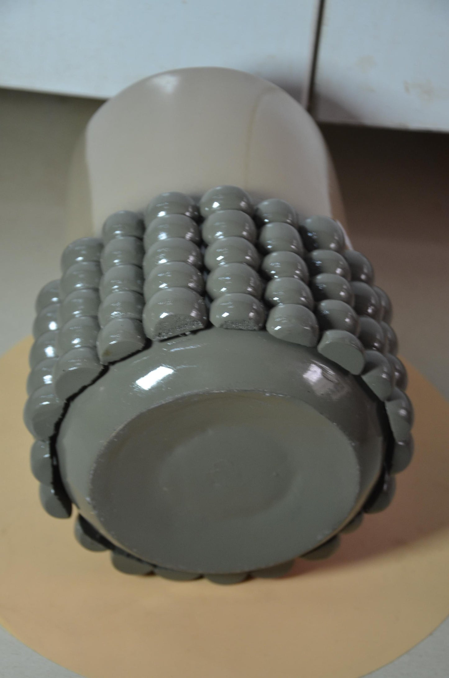 Beaded Wooden Cylinder Vase | Beige and Grey Bubble Texture Pillar Vessel