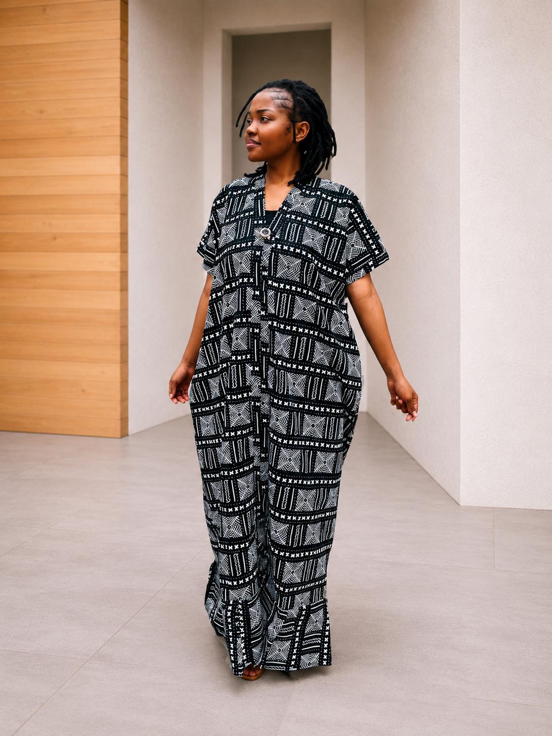 Black & White Box-Pattern Shirt Kaftan | Buttoned Tribal Boubou, Monochromatic Maxi