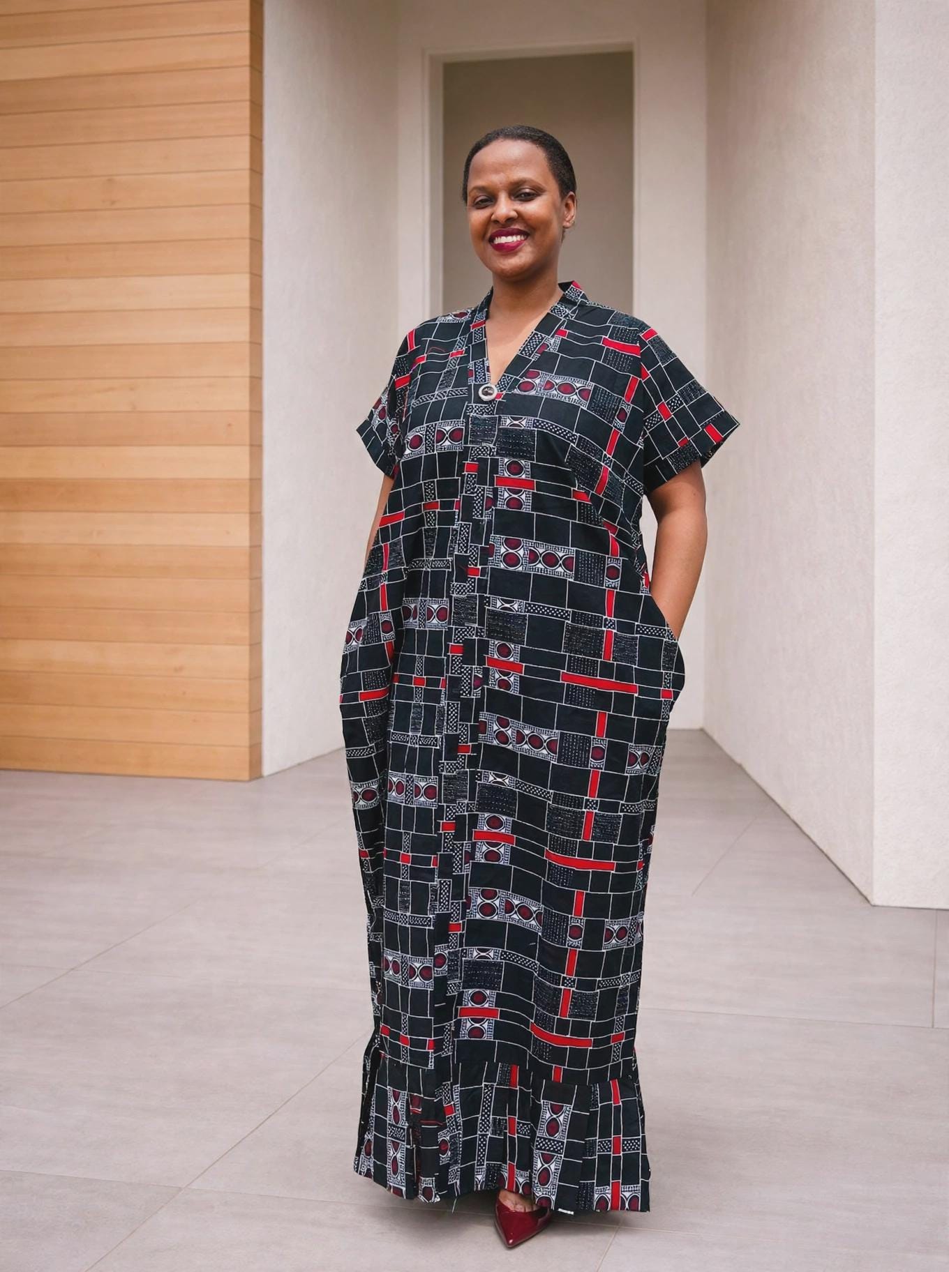 Geometric Plaid African Shirt Kaftan | Buttoned Grid Boubou, Monochromatic Maxi