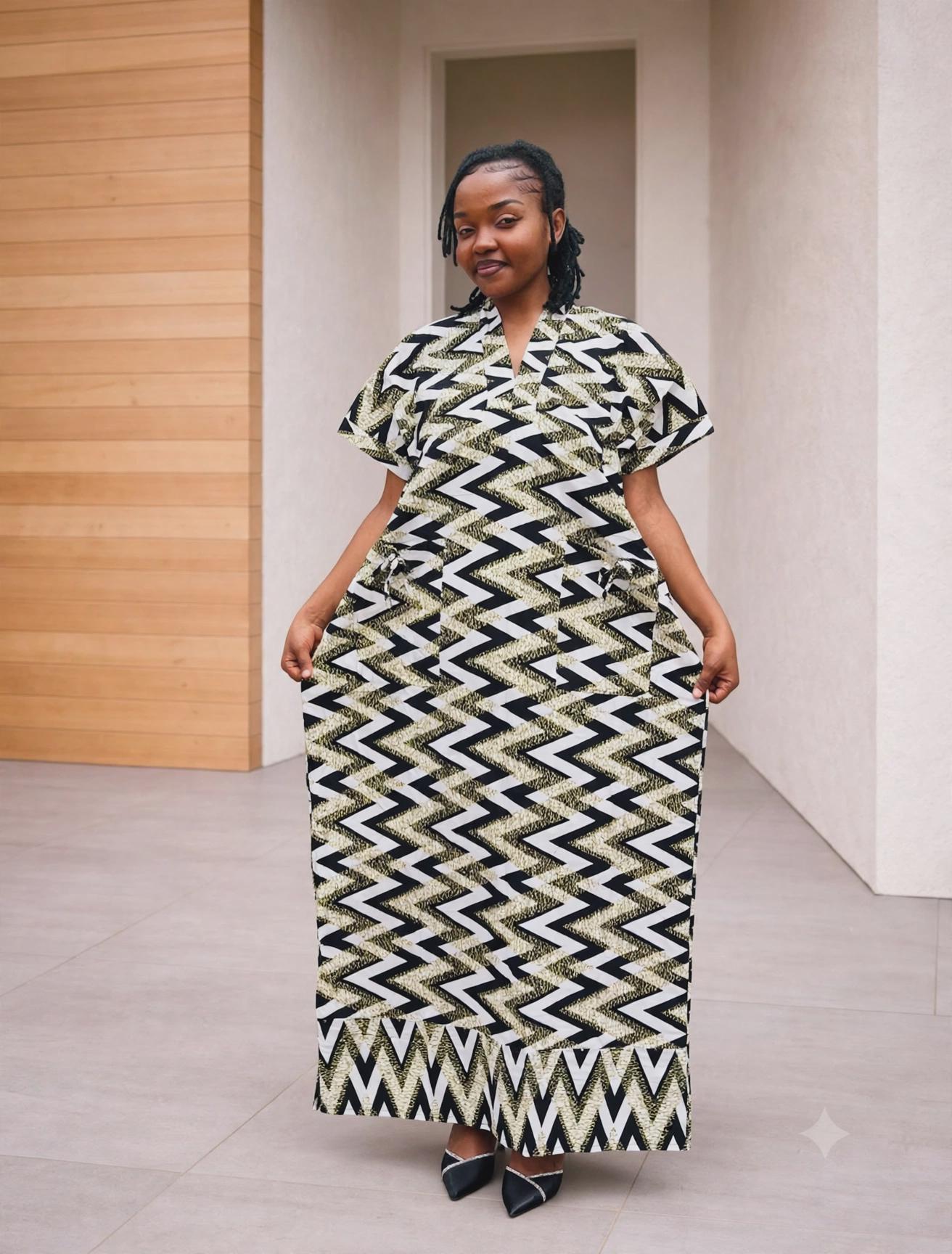 Zigzag Print Boubou Gown | Monochrome Ankara Maxi Dress, One-Size Kaftan