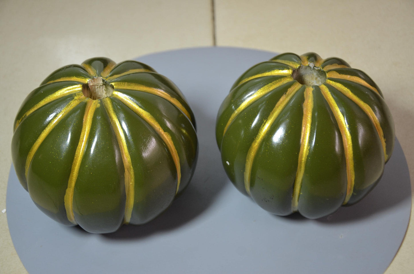 Set of 2 Fluted Green Pumpkin Vases | Metallic Olive Gold Ribbed Vessel Duo | Modern Nordic Home Decor Accent | Handcrafted Wood Art