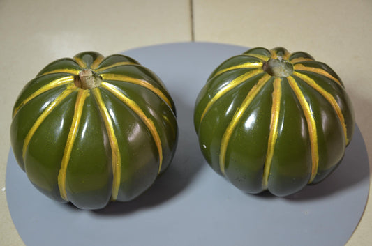 Set of 2 Fluted Green Pumpkin Vases | Metallic Olive Gold Ribbed Vessel Duo | Modern Nordic Home Decor Accent | Handcrafted Wood Art
