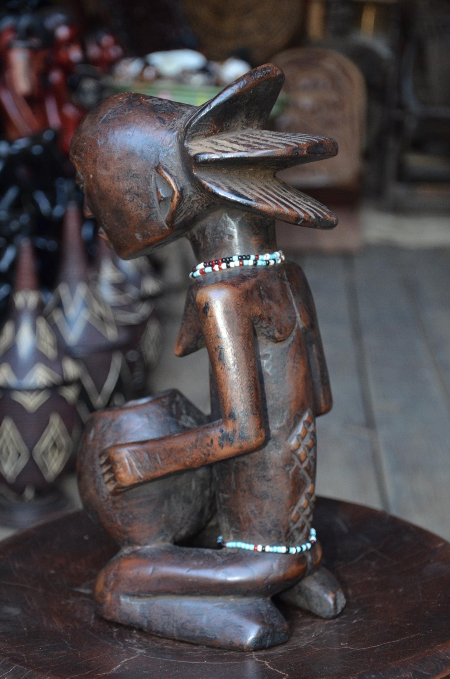 Authentic Luba Bowl-Bearer Statue - 14" Hand-Carved Wood Mboko Female Ancestor Sculpture, Devotional Figure with Bead Accent.