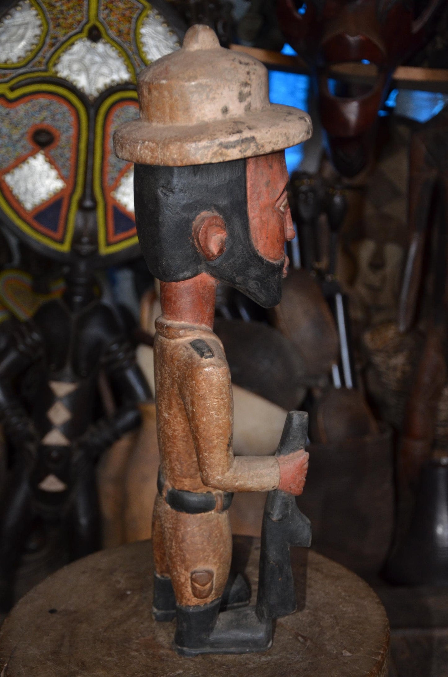 Large African Colon Statue - 28" Hand-Carved Wooden Colonial Soldier Figurine, Armed Guard / Hunter with Rifle.