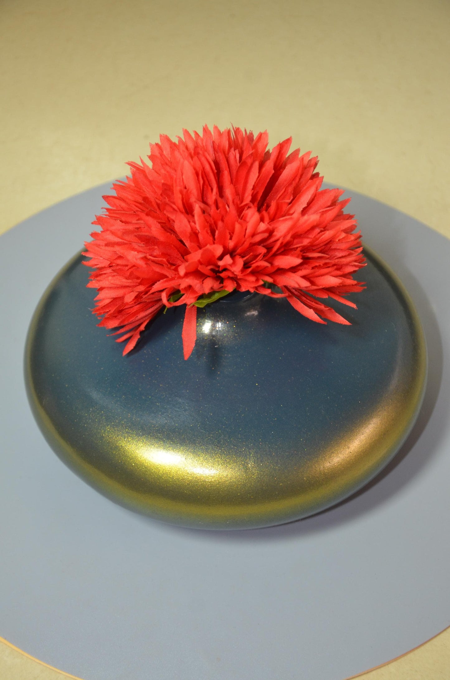 Flat Wooden Ufo Bud Vase | Metallic Navy Blue Gold Disk Vessel | Modern Nordic Home Decor Accent | Minimalist Handcrafted Wood Art
