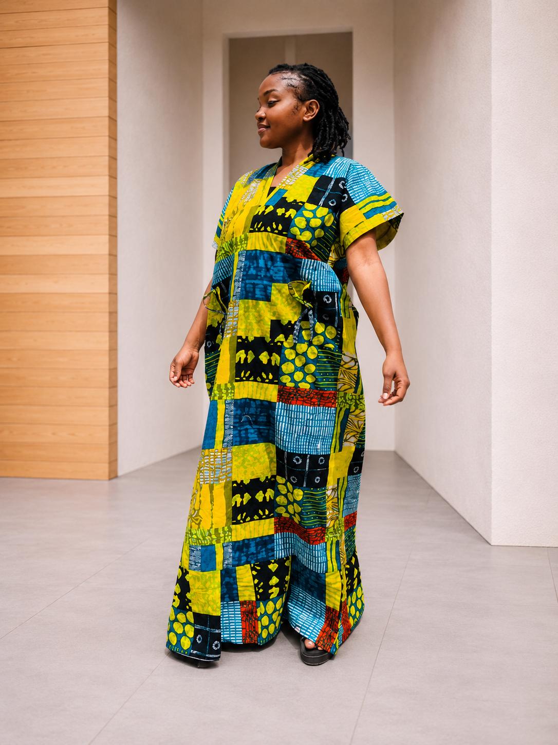 Deela Ankara Patchwork Bubu Dress | Free Size African Print Caftan, Maxi Dress