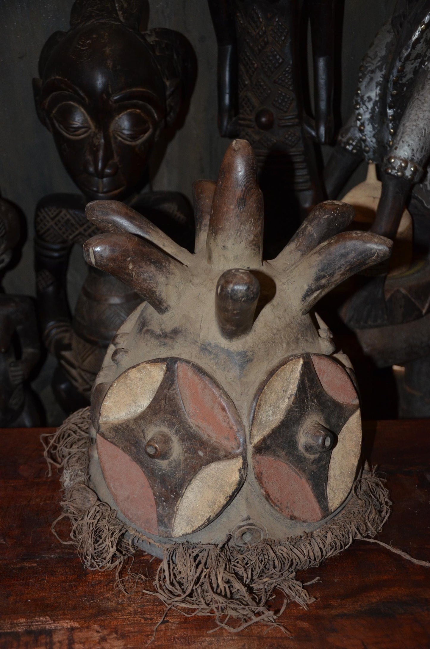 Authentic Luba or Songye Zoomorphic Helmet Mask - 17" Multi-Horned Kifwebe Art, Congo Polychrome Face Mask, High-End Tribal Wall Sculpture.