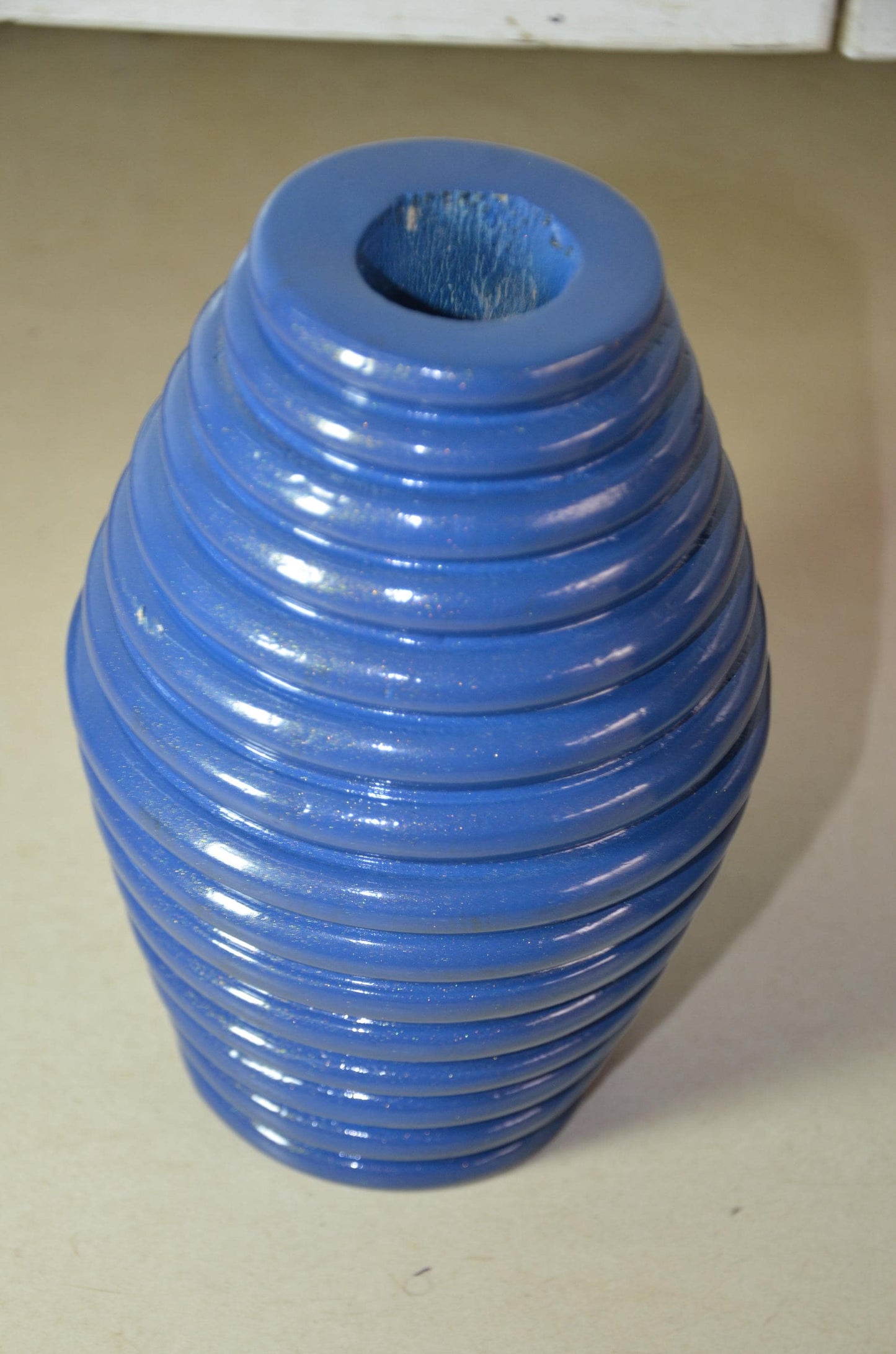 Large Blue Wooden Ribbed Vase | Cobalt Beehive Ringed Vessel | Modern Nordic Home Decor Accent Piece | Minimalist Handcrafted Wood Art