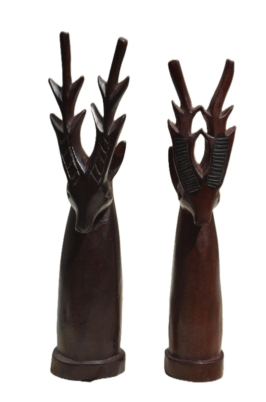 A Pair of Stag Deer Heads – Hand-Carved Wooden Wall Decor