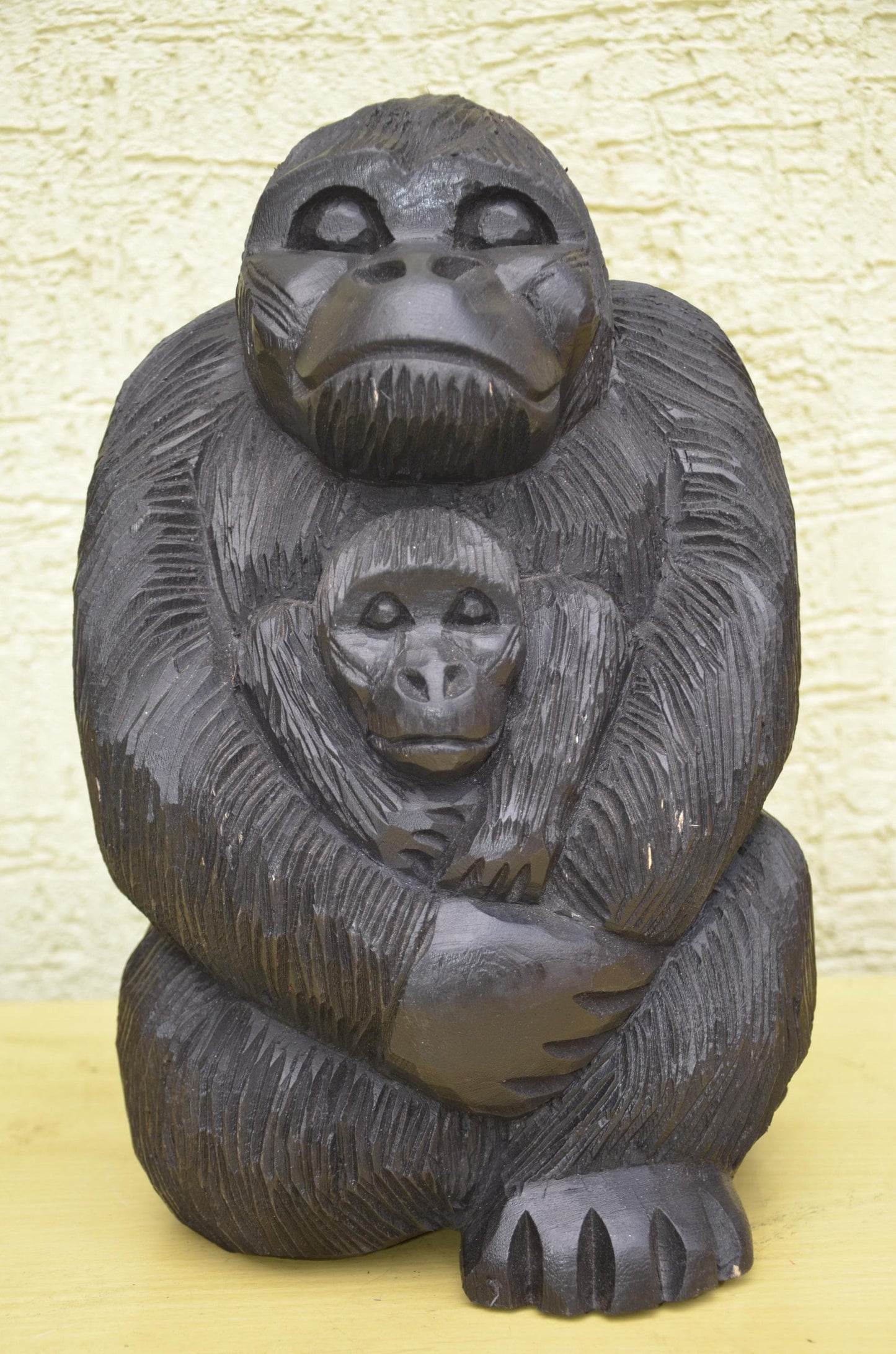 Seated Wooden Gorilla Maternity Sculpture | Wildlife Family Art Figurine