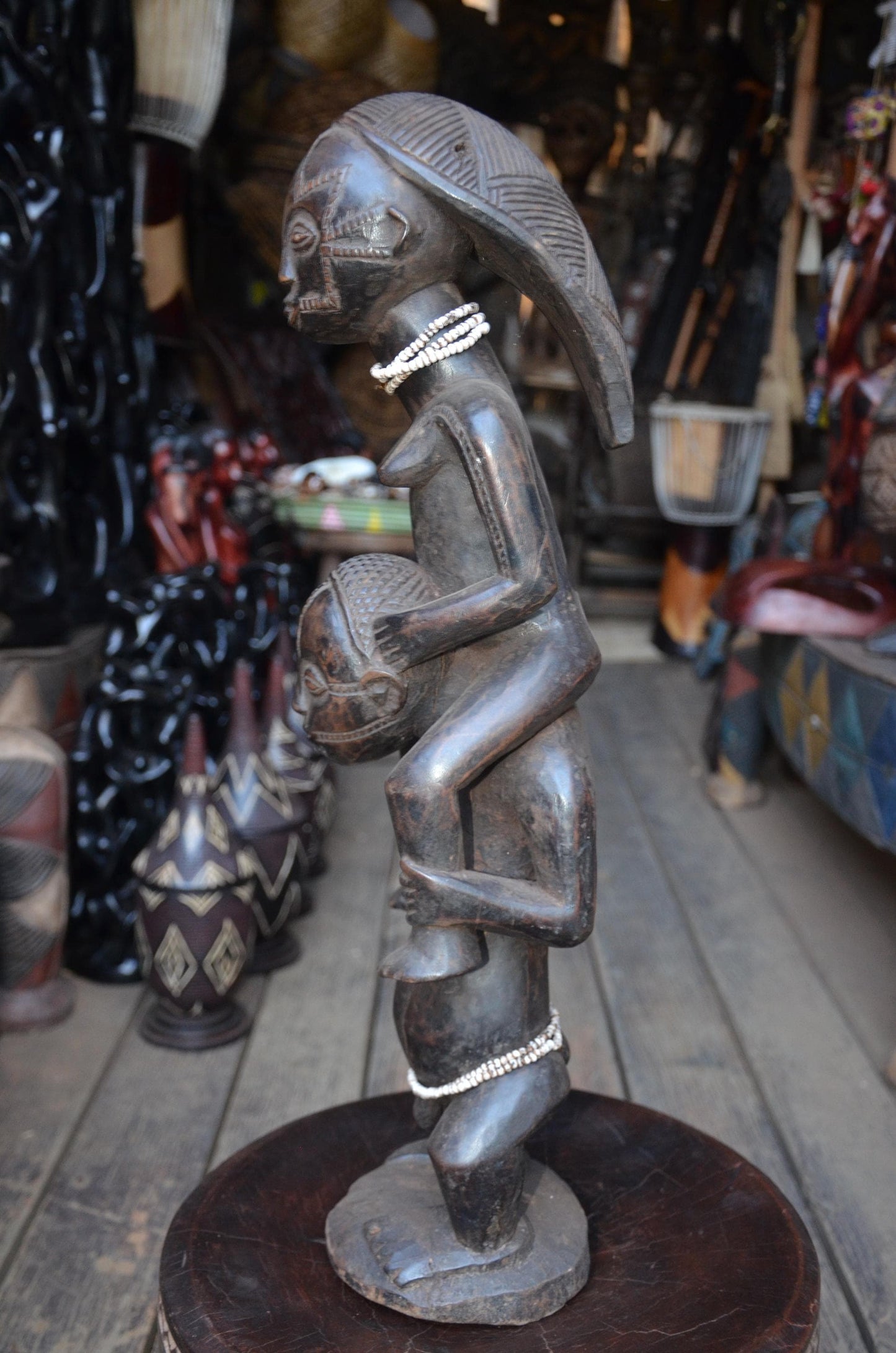 Authentic Luba Dual-Figure Statue – Hand-Carved Wood Ancestor Sculpture, Beaded Accent Congo