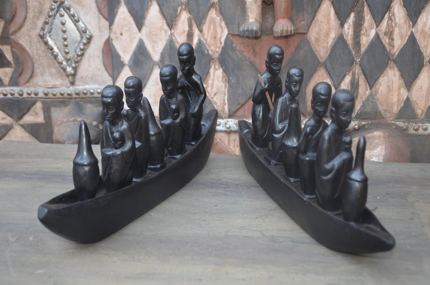 Set of 2 Hand-Carved African Canoe Sculptures | Fisherman Decor