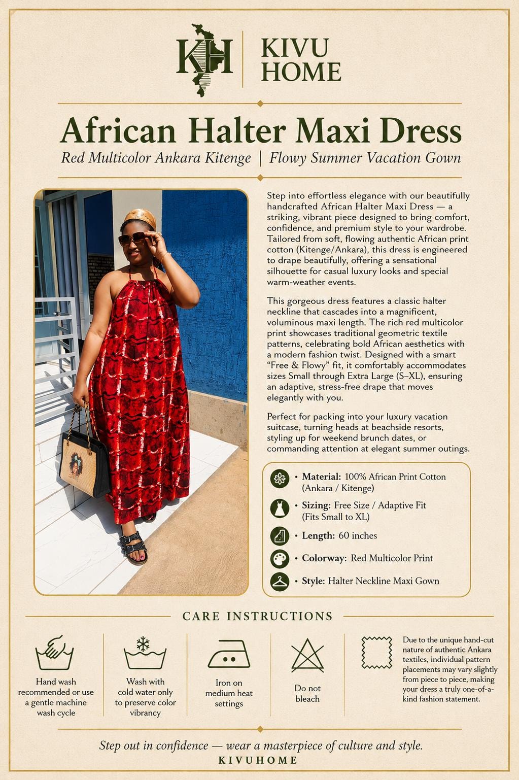 African Halter Maxi Dress | Red Multicolor Ankara Kitenge | Flowy Summer Vacation Gown