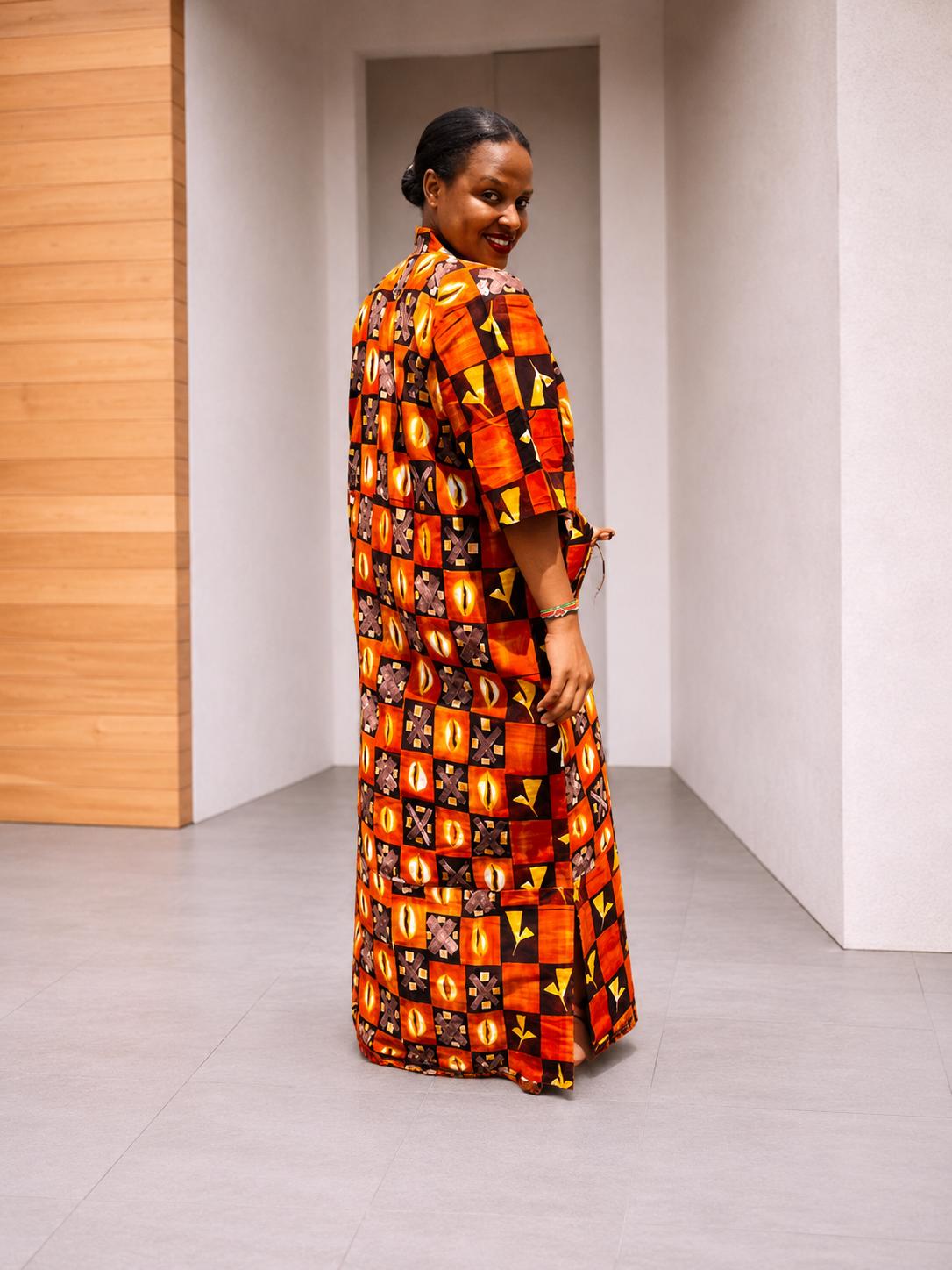 Mixed-Print Ankara Maxi Dress | Grid-Patterned African Boubou, Warm-Tone Patchwork