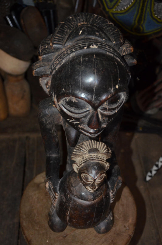 Luba Female Bowl Bearer | Mboko Wood Sculpture | Authentic Congolese Tribal Art
