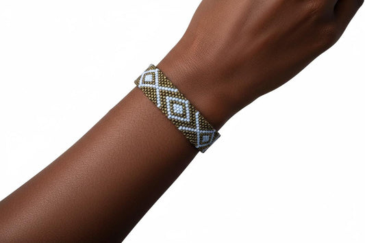 Golden Rwandan Beaded Bracelet, Handmade Brass and White African Geometric Boho Jewelry (1PC)