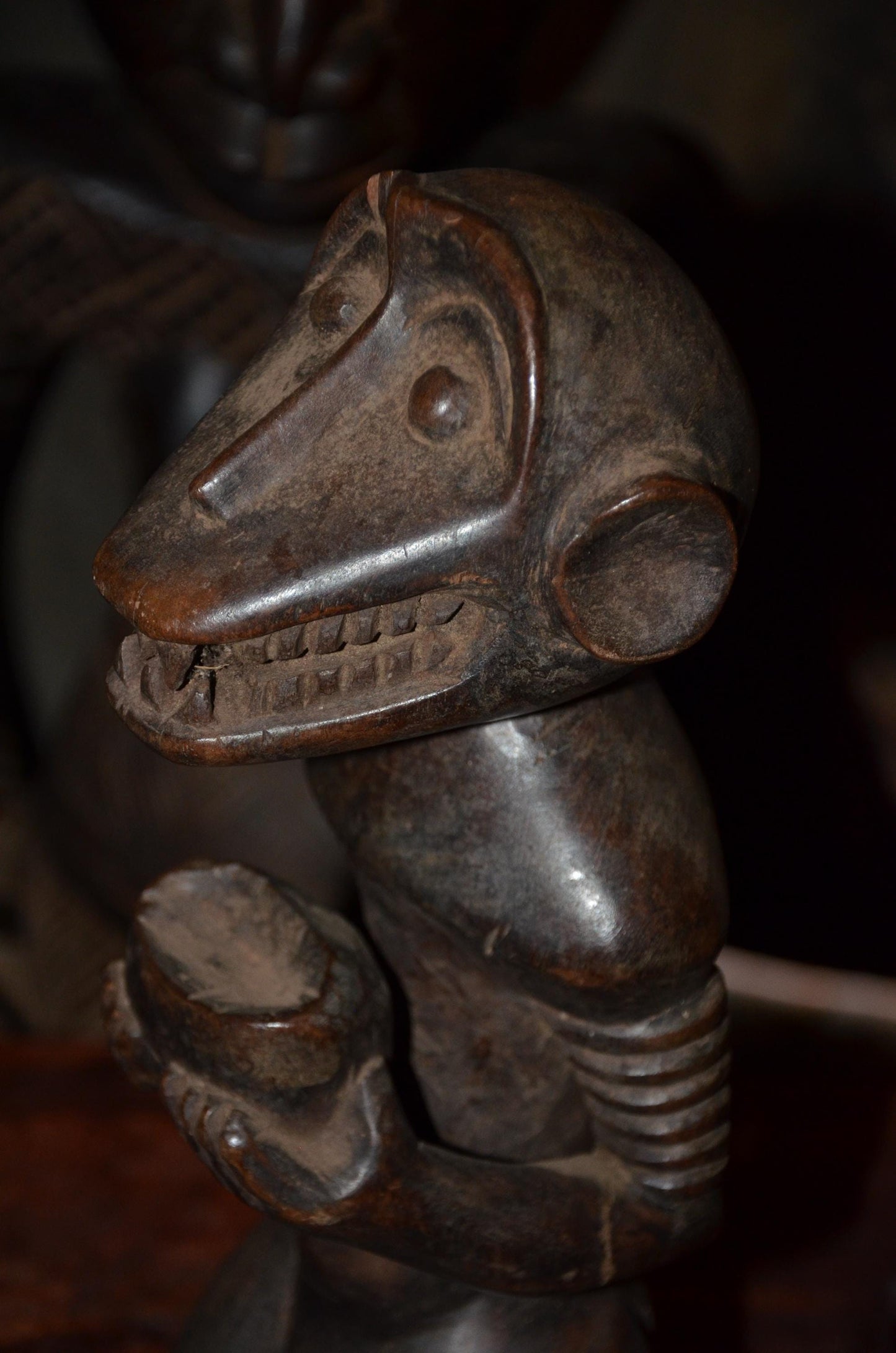 Songye Monkey Figure Power Fetish - 16" Authentic Congo Nkishi Statue, Zoomorphic Offering Bowl Carving, High-End African Tribal Collectible