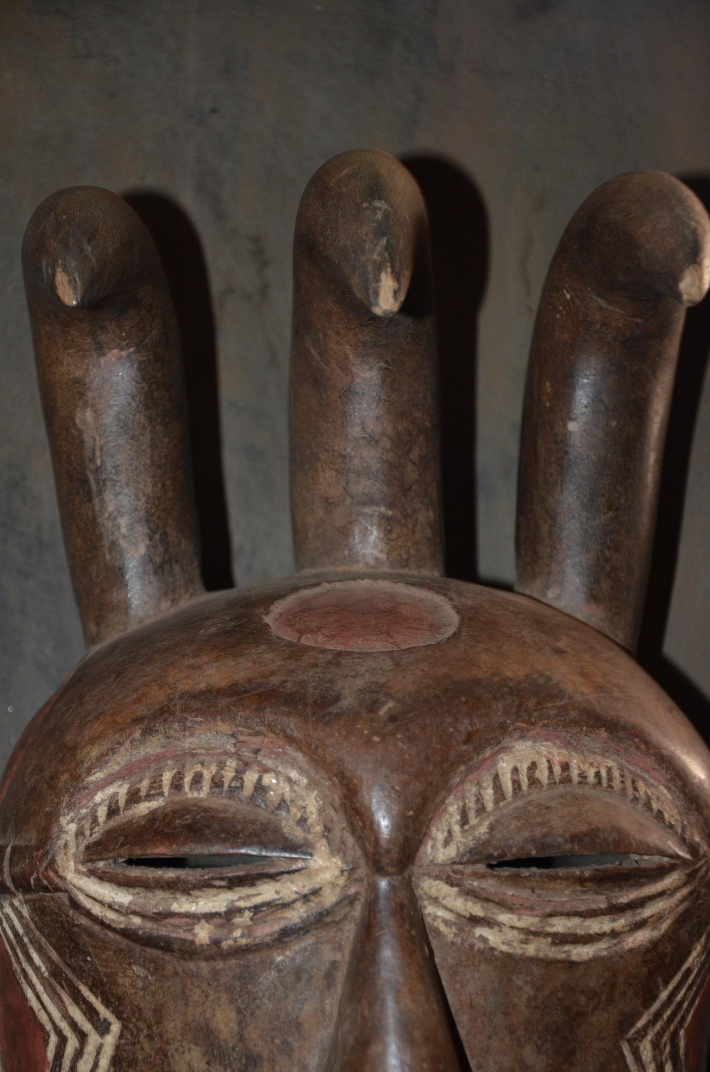 Marka Ntomo Polychrome Mask - 21" Authentic Mali Maraka Wood Carving, Three-Horned Initiation Face Mask.