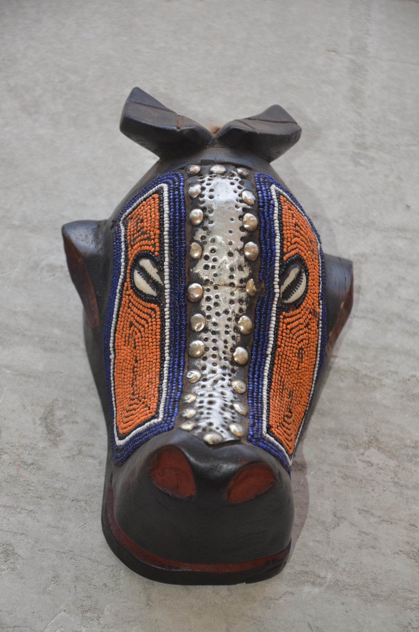 Bamum Beaded Animal Mask – 11" Cameroon Buffalo Wall Art – Tribal Home Decor