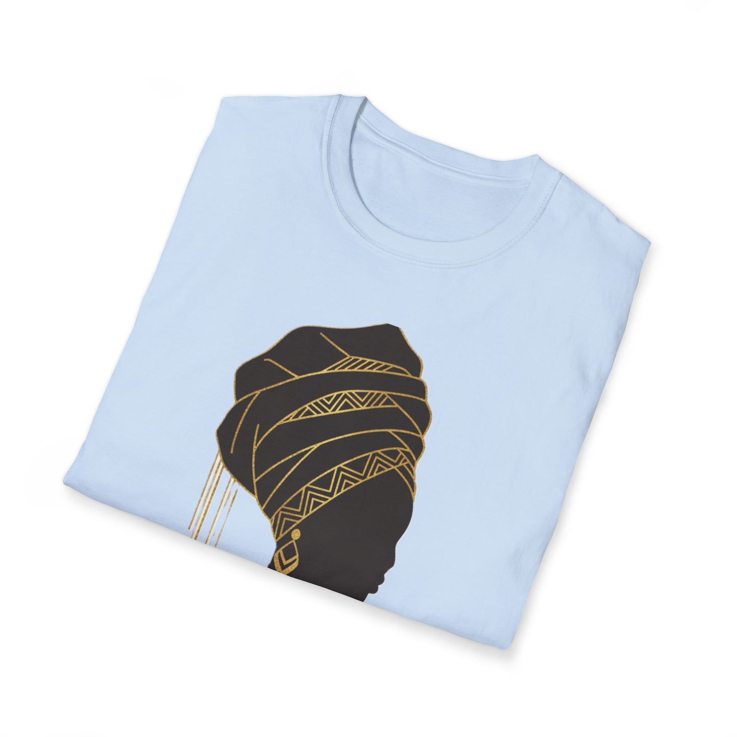 African Goddess Silhouette T-Shirt — Black Woman Profile with Gold Headwrap