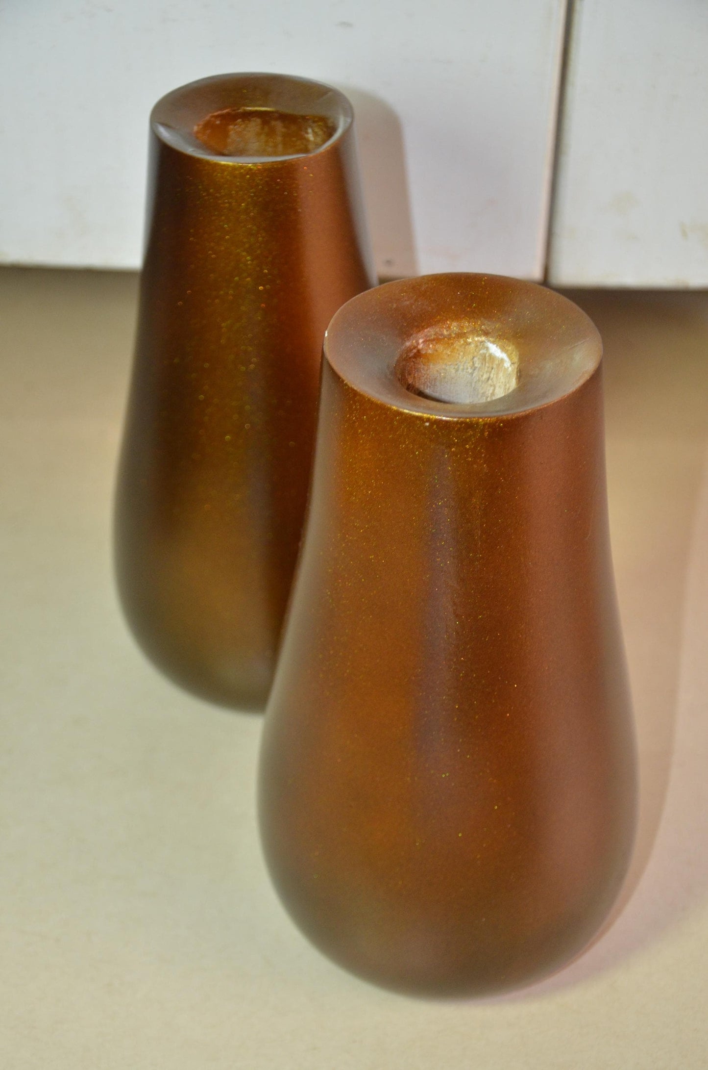 Bronze Wooden Bud Vases | Metallic Gold Teardrop Vessel Duo