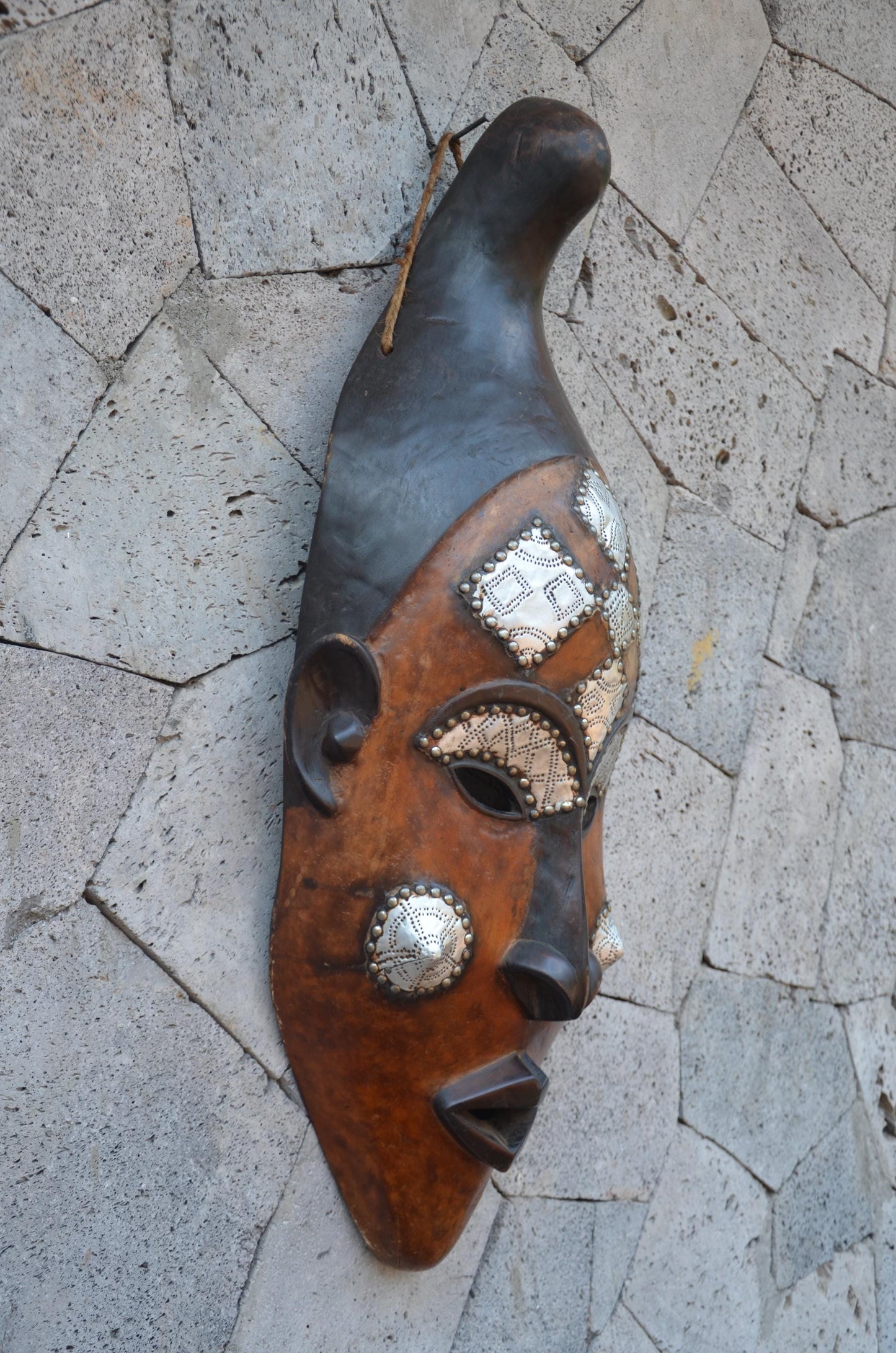 Marka African Mask – 35" Large Hand-Carved Wood & Brass Mask – Mali Wall Art.