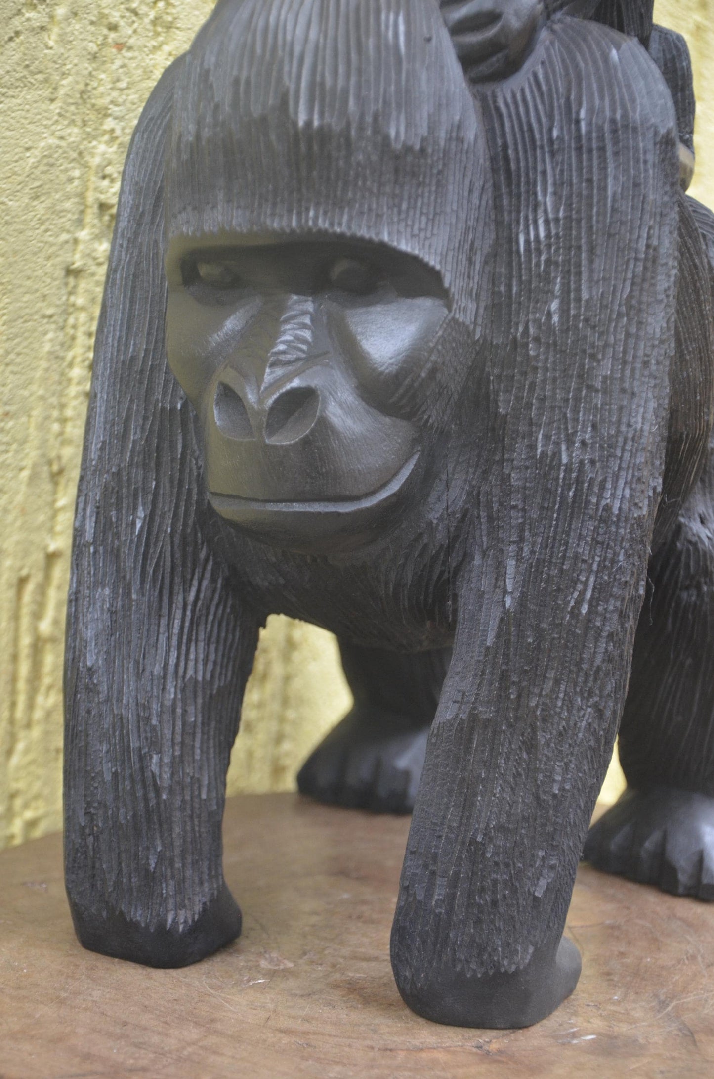 Hand-Carved African Mother and Baby Gorilla Wood Sculpture