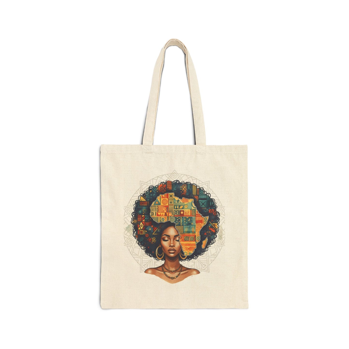 Canvas Tote Bag — Afrocentric Art Portrait Tote, Colorful Cityscape Afro Hair Design