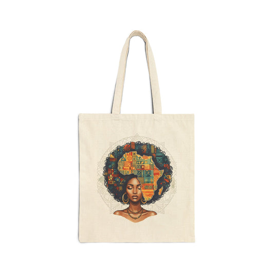 Canvas Tote Bag — Afrocentric Art Portrait Tote, Colorful Cityscape Afro Hair Design