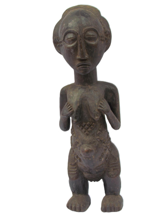 Statue de fertilité originale Luba primitive « Femme enceinte » en bois Congo Vintage Antique Sculpture RDC Afrique Rare Table basse au sol Étagère Art.