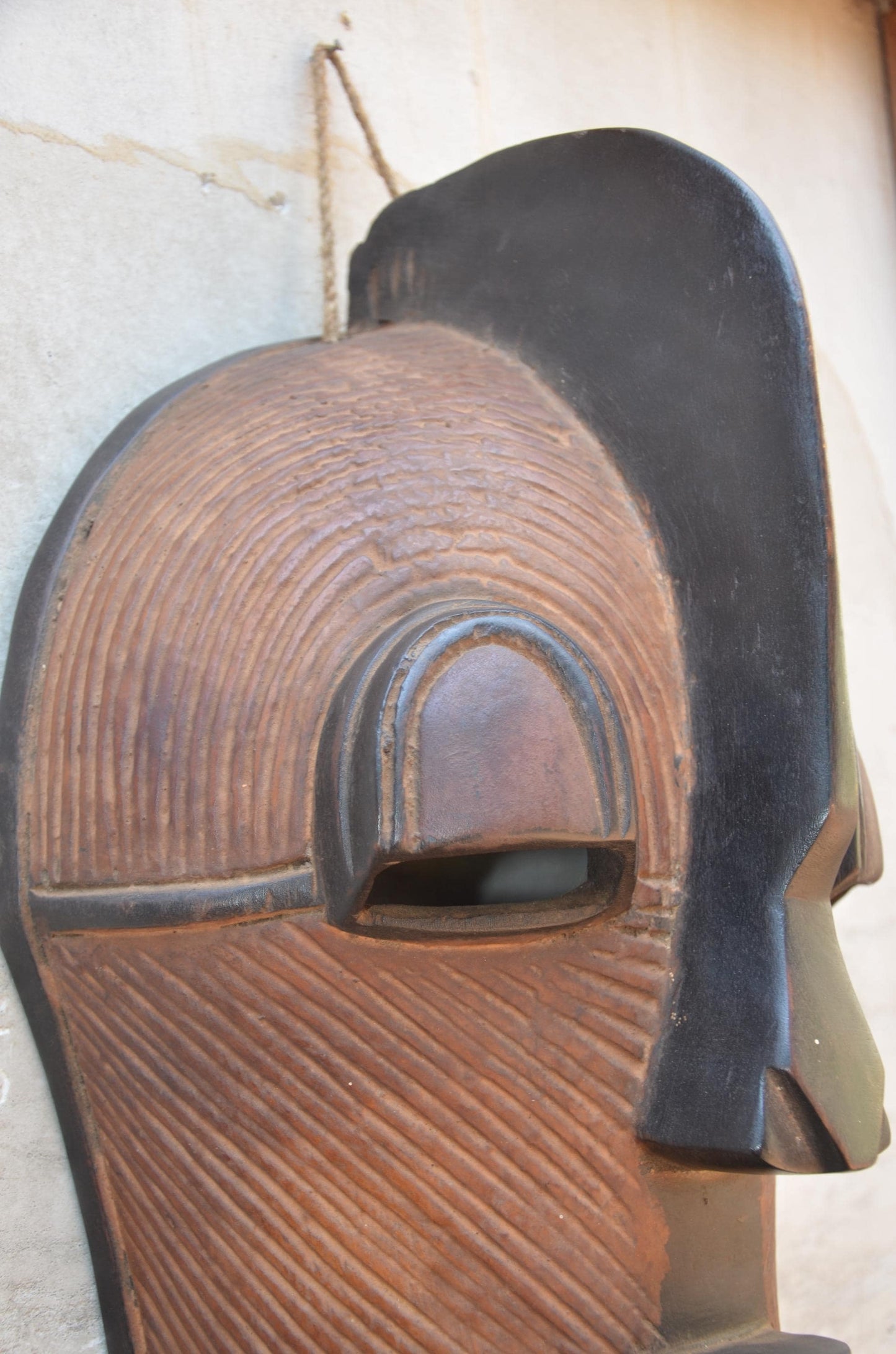 Authentic Songye Kifwebe Mask - 21" Striated Congo Helmet Mask, Striking Raised Sagittal Crest, High-End African Tribal Wall Sculpture.